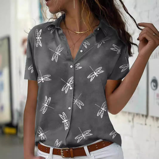 Women's Summer Cross-border Dragonfly Flower Print Short Sleeve Shirt