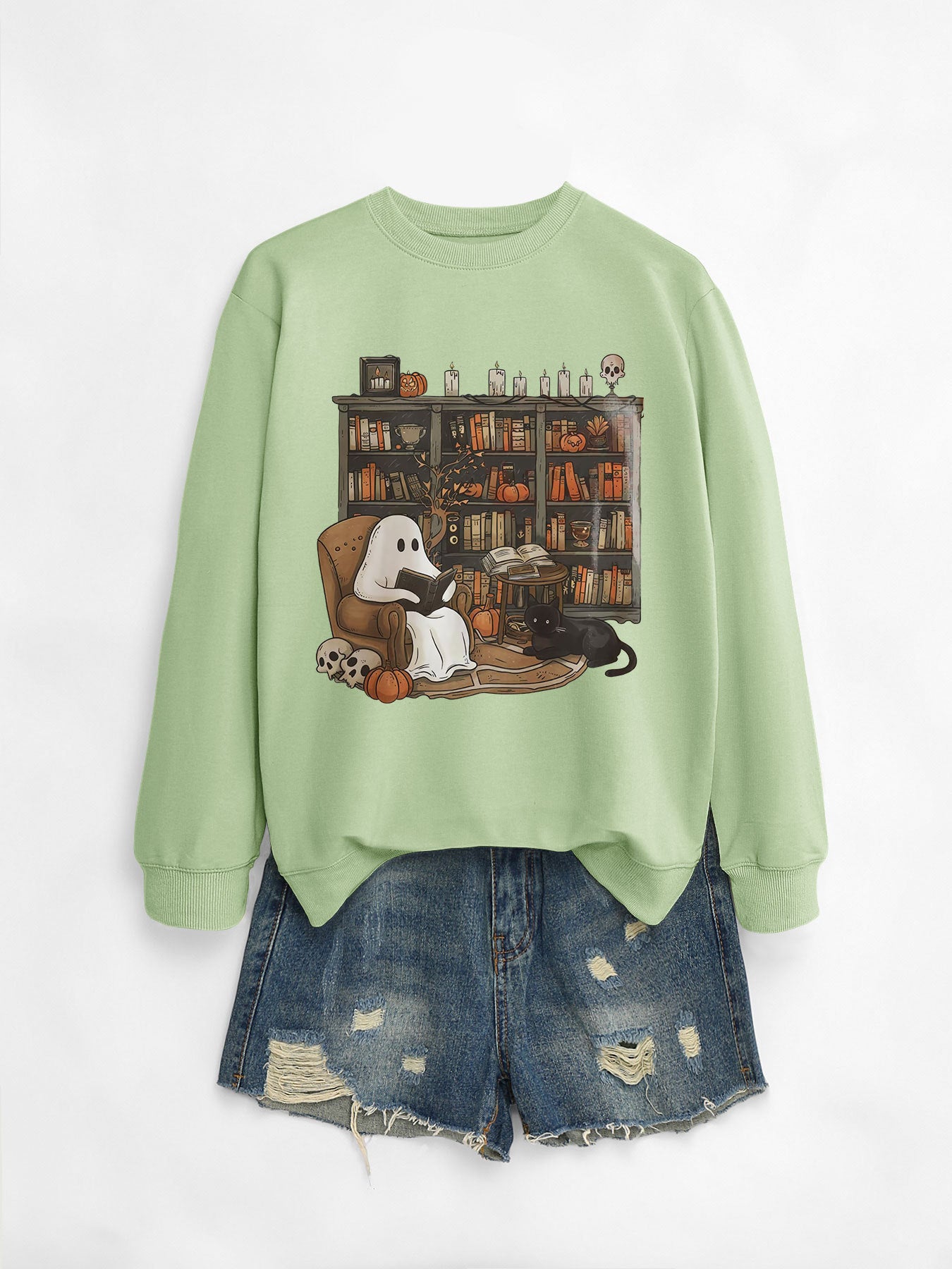 Womens Printed Bookshelf Ghost Black Cat Round Neck Sweater