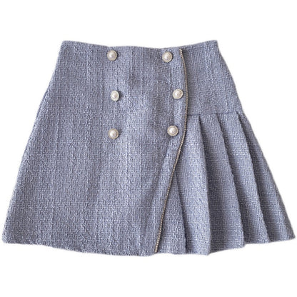 Irregular Pearl Buckle High Waist Pleated A- Line Skirt