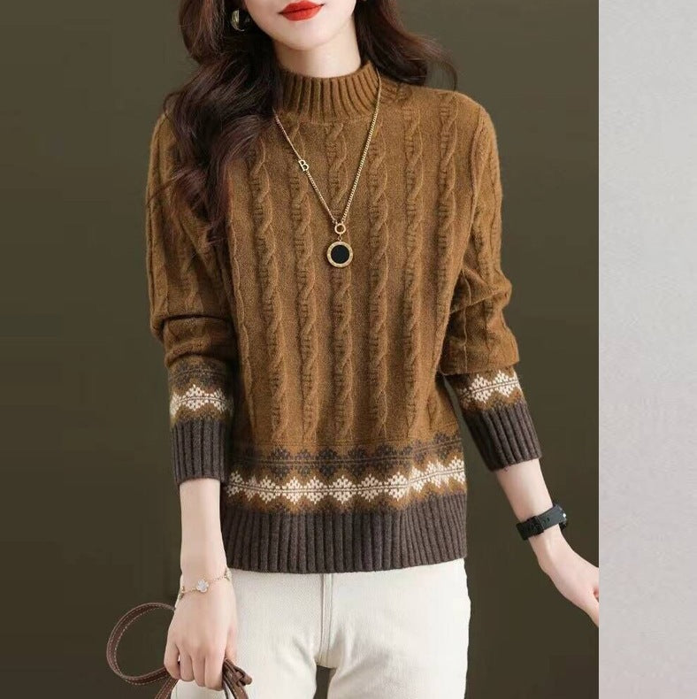 Women's Sweater Autumn And Winter New Half Turtleneck Twist Color Matching Shirt