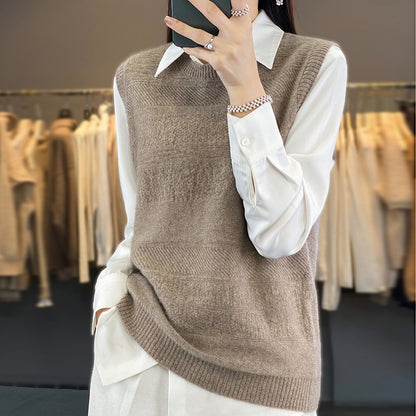 Women's Round Neck Knitted Pullover Cashmere Sweater Waistcoat Loose Wool Vest Slimming Vest