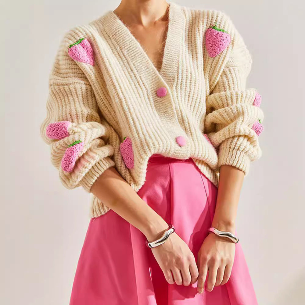 Sweet V-neck Beige Decorative Cardigan Sweater