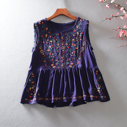 Loose Retro Embroidery Floral Top