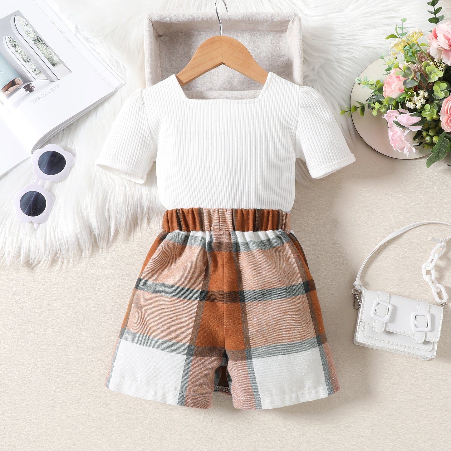 Rib Fabric Puff Short Sleeve Top Irregular Plaid Short Pantskirt Suit