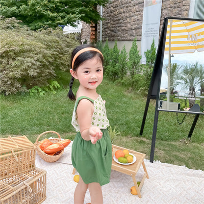 Girl Green Flower Camisole Top And  Shorts Two-piece Suit