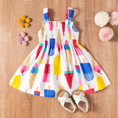 Girls' Ice Cream Printed Suspenders Dress