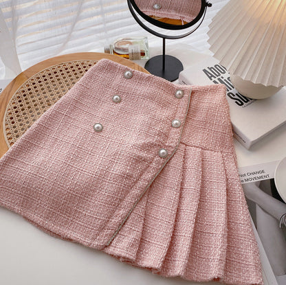 Irregular Pearl Buckle High Waist Pleated A- Line Skirt