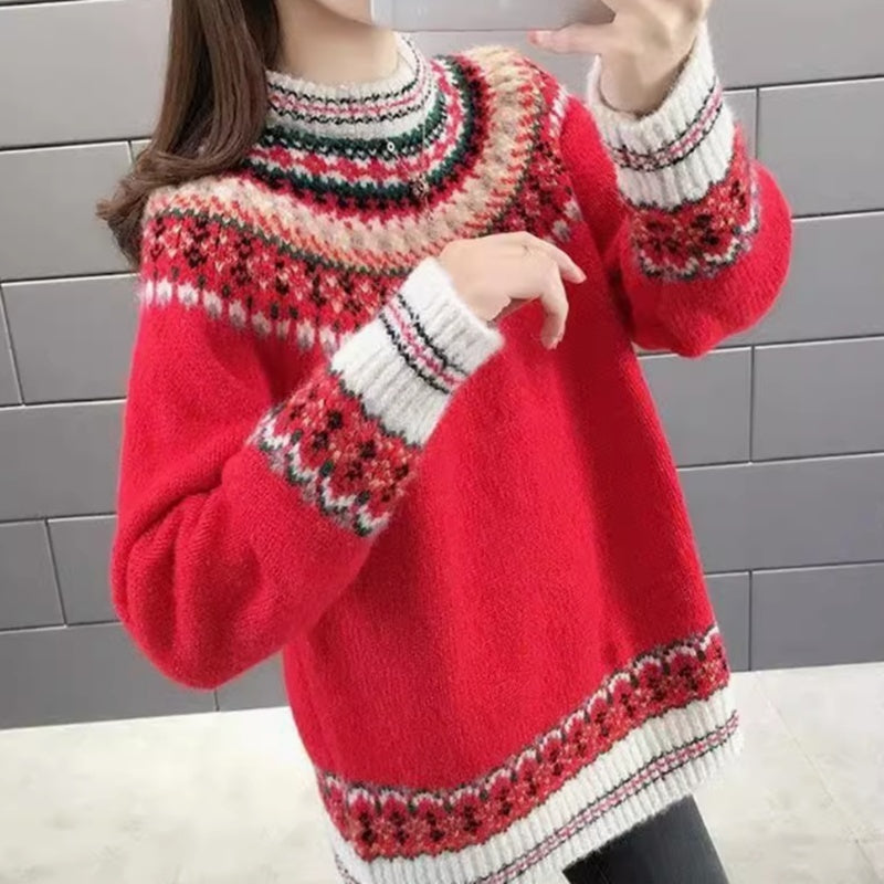 Loose Outerwear Vintage Jacquard Knit Sweater Top For Women