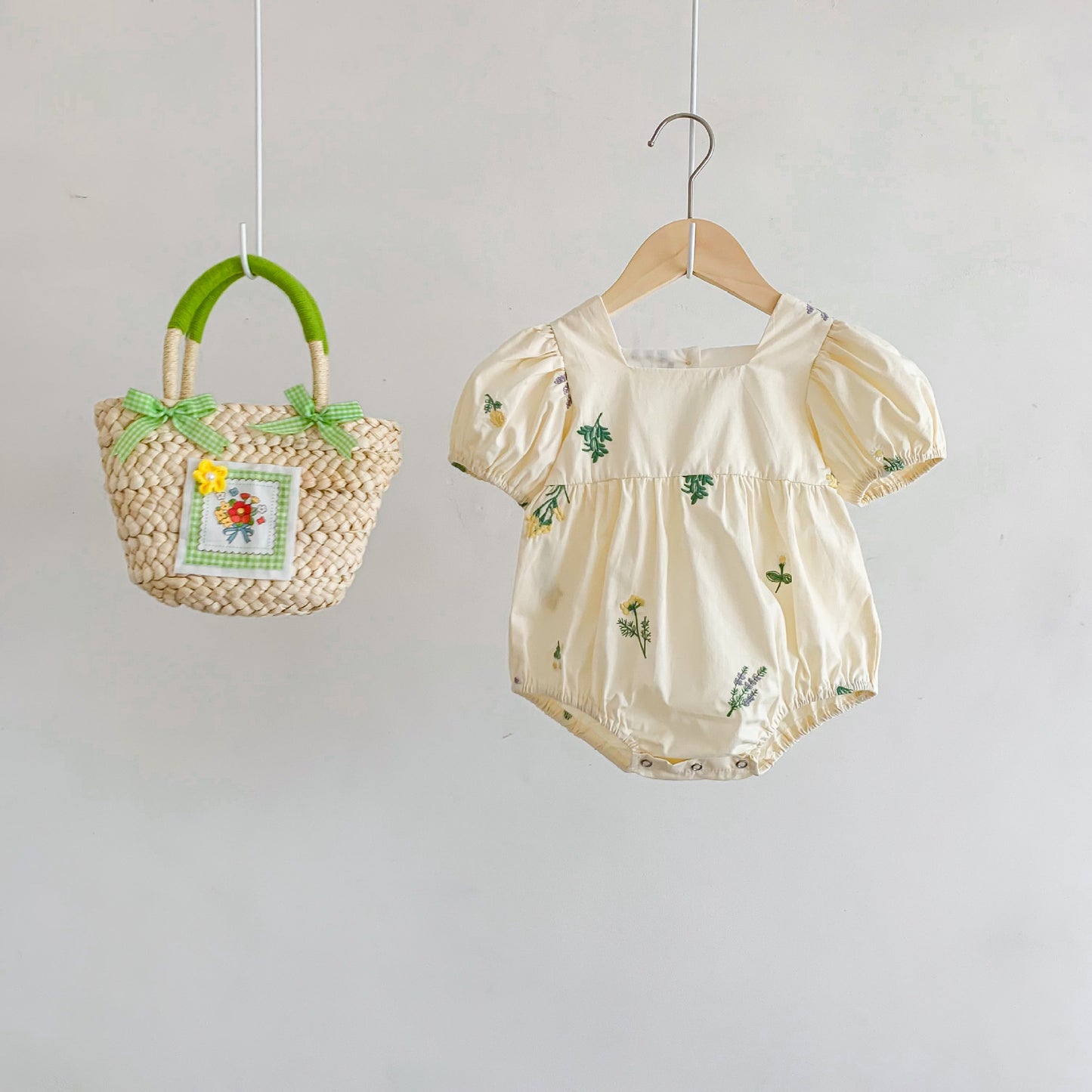 Thin Cotton Embroidery Puff Short Sleeve Baby Bodysuit Jumpsuit