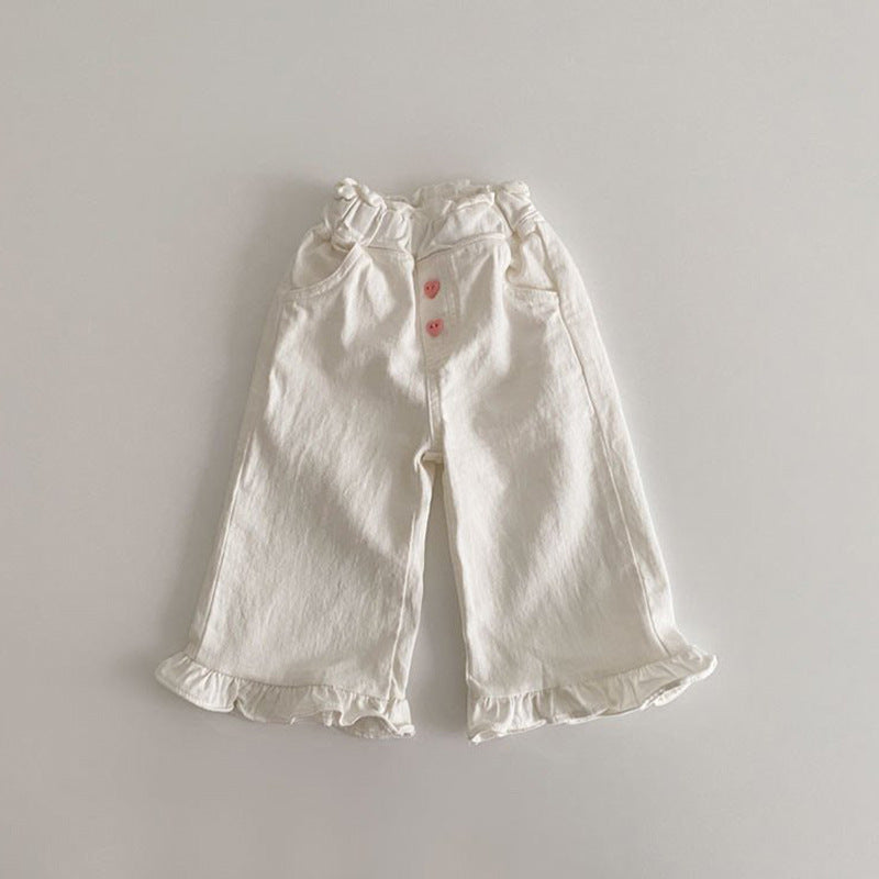 Spring Baby Girls' Retro Wooden Ear Casual Lace Wide-leg Pants Children Fashion Pants