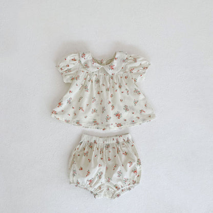 Baby Doll Collar Short Sleeve Floral Top And Bread Pants