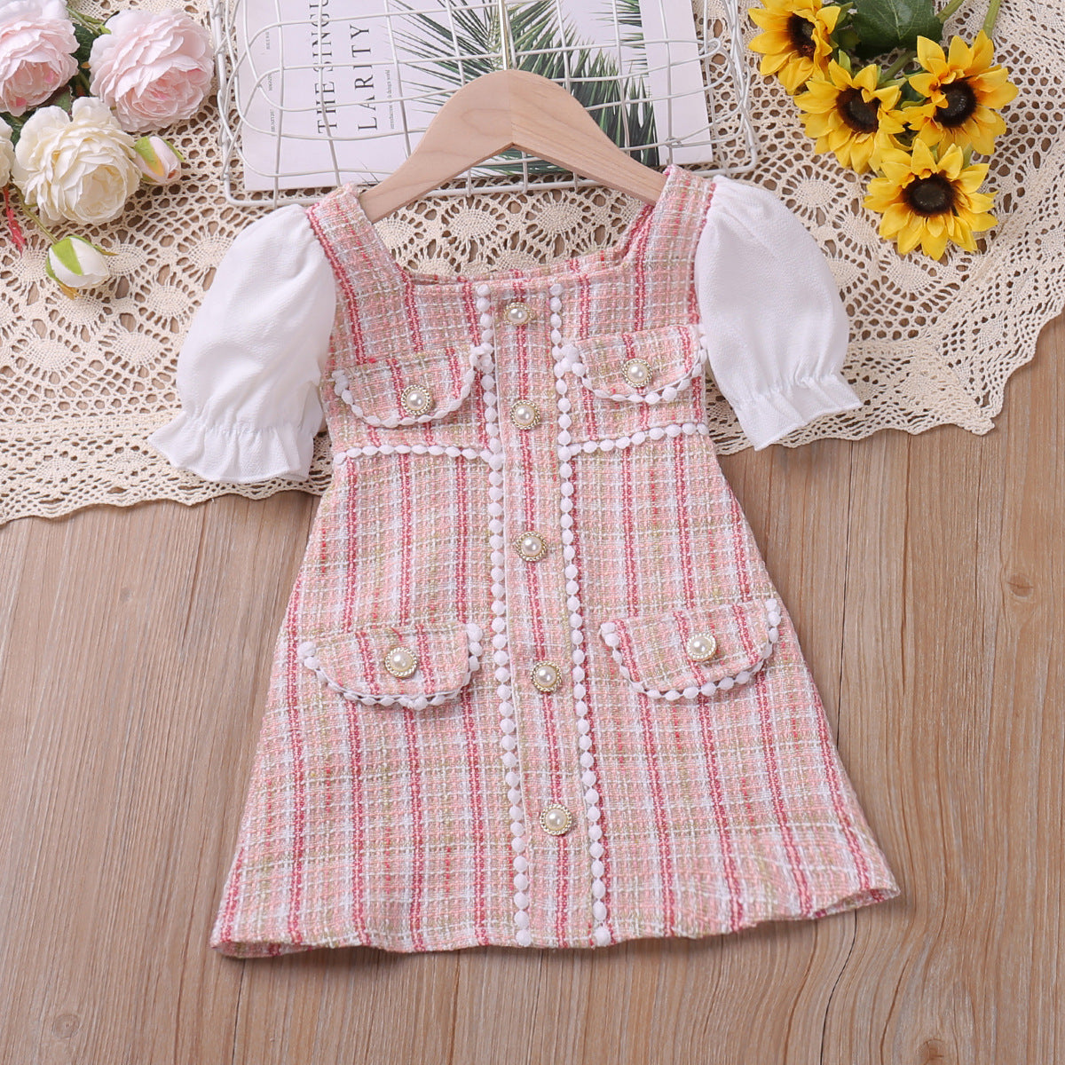 Plaid Pearl Buckle Classic Style Bubble Dress