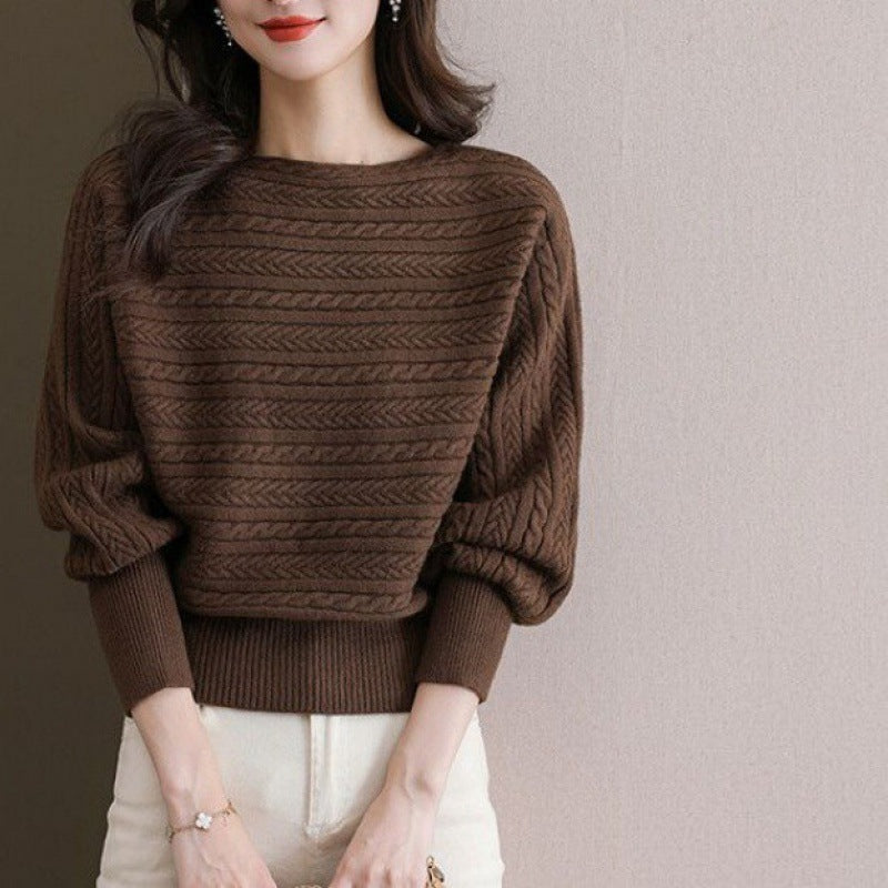 Womens Boat neck Loose-fitting Batwing Sleeve Shirt Knitted Top