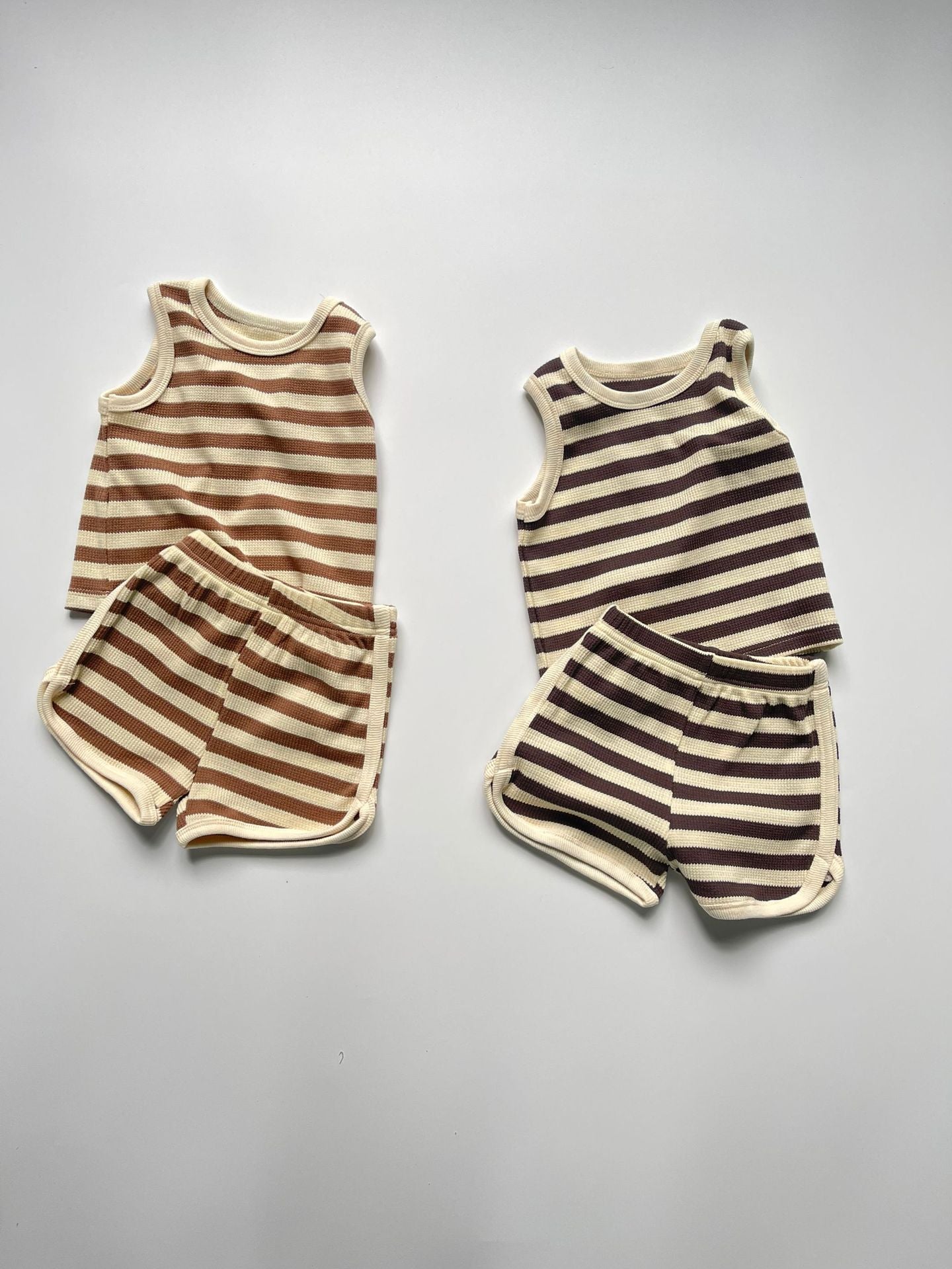 Korean Style Ins Striped Round Neck Vest Shorts Waffle Striped Suit Men And Women