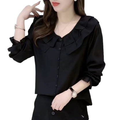 Round Neck Lace Solid Color Slimming Long-sleeved Shirt