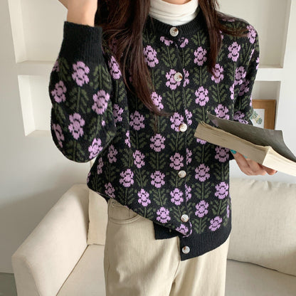 Flower Round Neck Sweater Women Cardigan Jacket