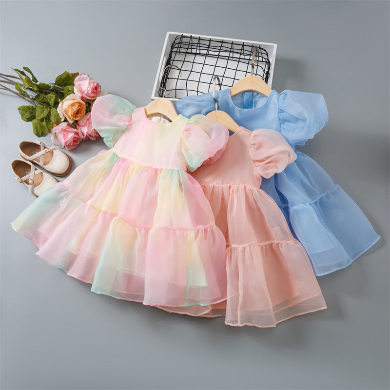 Girls Princess Mesh Puff Sleeve Dress