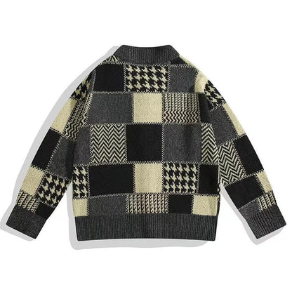 Mens Plaid Cardigan Knitted Sweater