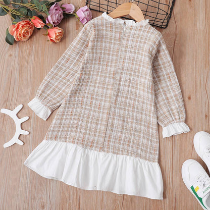 Girls Yellow Plaid Long-sleeved Dress