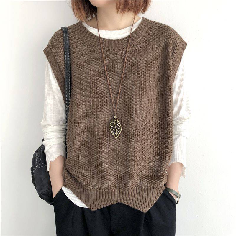 Knitted Vest Women's Vest Solid Color Loose Round Neck Irregular Pullover Short Crop-top Outerwear