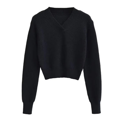 V-neck Thick Needle Pullover Cropped Sweater Autumn And Winter Women