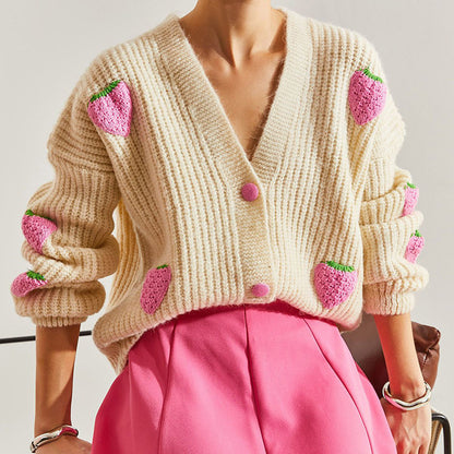 Sweet V-neck Beige Decorative Cardigan Sweater