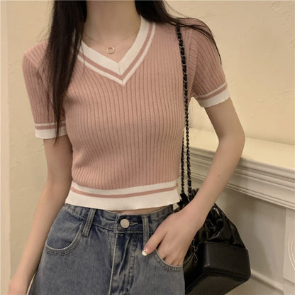 Womens  V-neck Short Sleeve Knitwear T-shirt