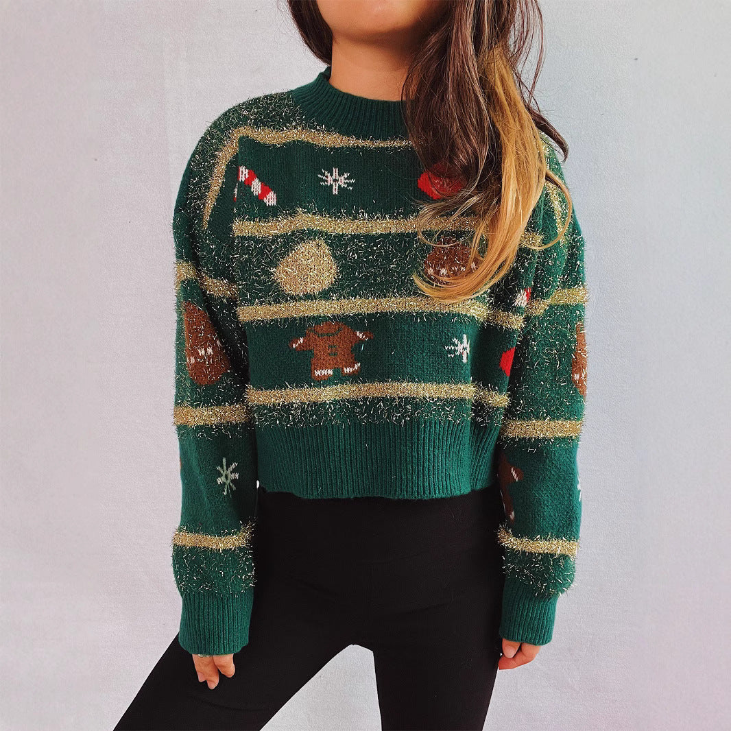 Short Pullover Green Christmas Sweater For Women