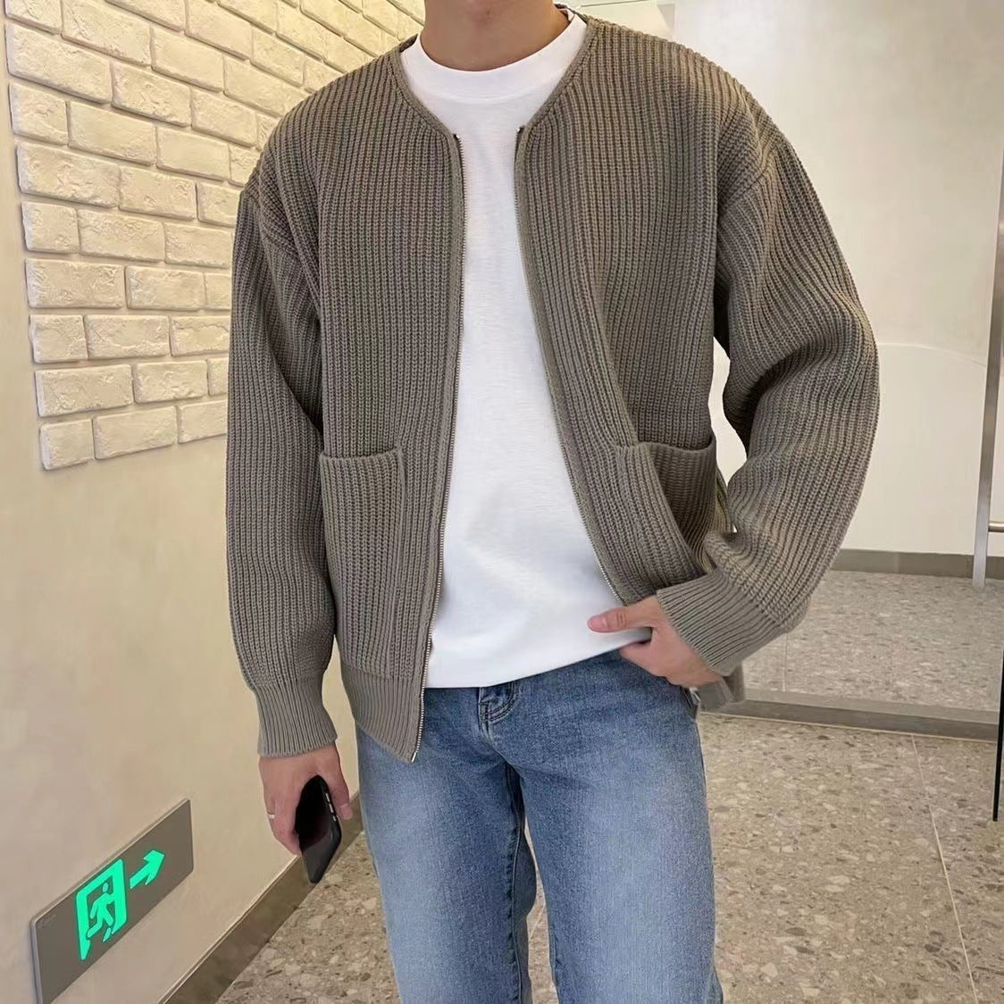 Men Zip Up Knitted Cardigan Lined Funnel Neck Jumper Sweater