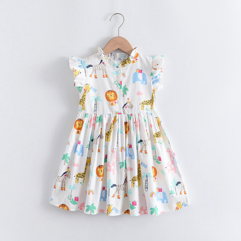 Childrens Flying Sleeve Cartoon Print Dress