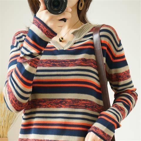 Striped V-neck Knitted Top Thin Plus Size Inner Bottoming Shirt