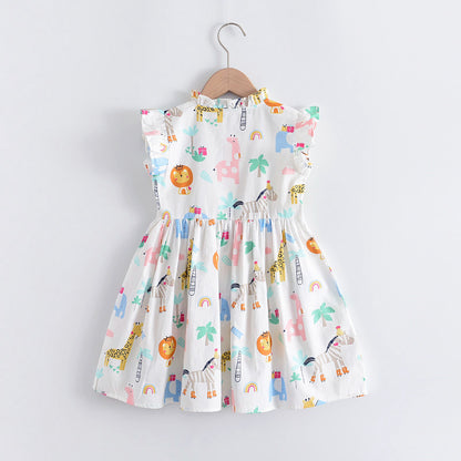 Childrens Flying Sleeve Cartoon Print Dress