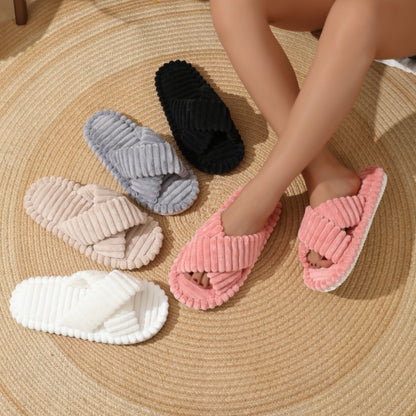 Home Fur Cross Belt Cotton Slippers Women