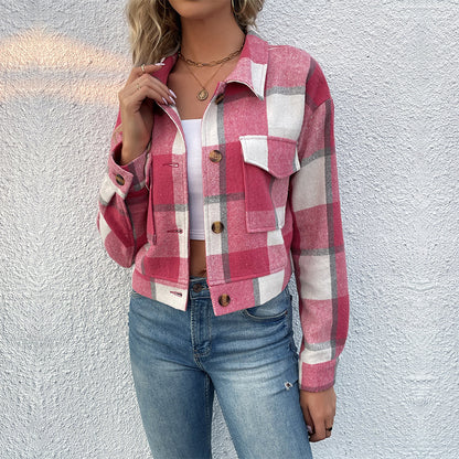 Womens Plaid Lapel Cropped Jacket