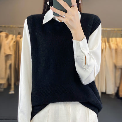 Women's Round Neck Knitted Pullover Cashmere Sweater Waistcoat Loose Wool Vest Slimming Vest