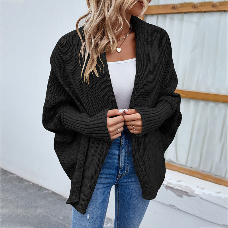 Loose Knitted Sweater Solid Bat Sleeve Large Lapel Cardigan